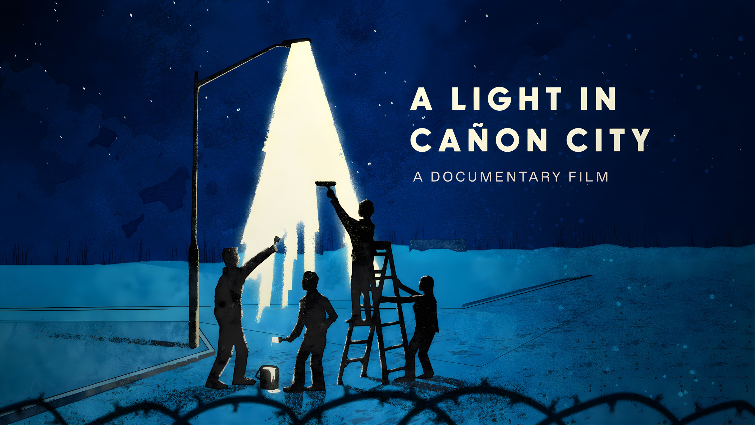 A Light in Cañon City landscape key art, showing people painting a beam of light